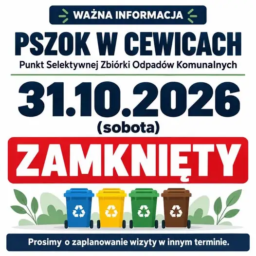 PSZOK w Cewicach nieczynny w sobotę 31 października – zaplanuj wizytę wcześniej